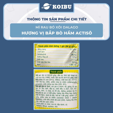 ACECOOK - Mì rau bó xôi Dalago hương vị Bắp bò hầm Actiso, Mì Dalago bắp bò hầm Atiso, Mì rau củ - 84g/gói - 00016