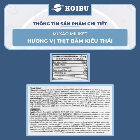COLUSA - Mì xào Miliket hương vị Thịt bằm kiểu Thái, Mì trộn thịt bằm kiểu Thái Miliket Mì ăn liền - 85g/gói - 00853
