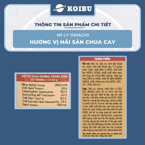 MASAN - Mì ly khoai tây OMACHI KHÔNG THỊT vị Hải sản Chua Cay, mì ly Omachi ăn liền, mì hải sản - 66g/ly - 00824
