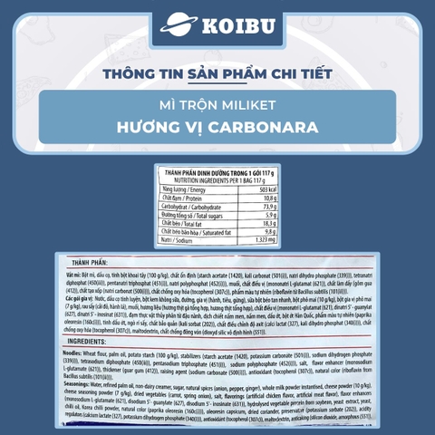 COLUSA - Mì trộn Miliket hương vị Carbonara, Mì trộn Carbonara Miliket, Mì Miliket trộn Cabonara - 117g/gói - 00555