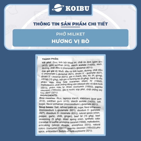 COLUSA - Phở Bò Miliket, Phở Miliket bò, Phở bò gói Miliket, Phở bò ăn liền, Phở vị bò Miliket - 60g/gói - 00098