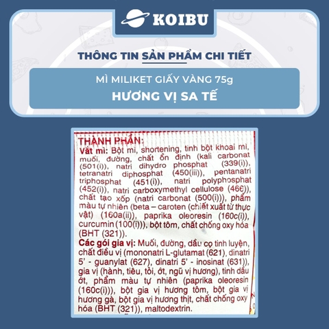 COLUSA - Mì Miliket giấy vàng gói 75g hương vị Sa tế, Mì giấy Miliket sate, Mì gói giấy vàng sa tế Miliket - 75g/gói - 00091