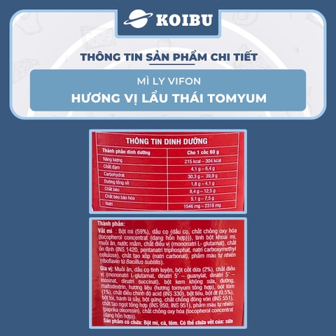 VIFON - Mì ly Vifon hương vị Lẩu Thái Tomyum - Mì ly vị lẩu Thái Tomyum, Mì lẩu Thái Tomyum ly 60g - 60g/ly - 00231