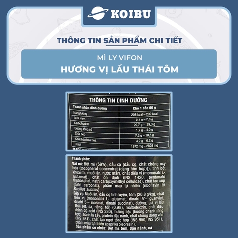 VIFON - Mì ly Vifon hương vị Lẩu Thái Tôm - Mì lẩu Thái Tôm ly ăn liền, Mì Vifon ly vị lẩu Thái Tôm - 60g/ly - 00232