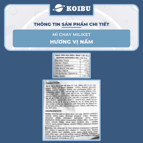 COLUSA - Mì chay Miliket gói vị Nấm, Mì chay nấm Miliket, Mì Miliket chay hương vị nấm, Mì giấy Miliket - 70g/gói - 00094