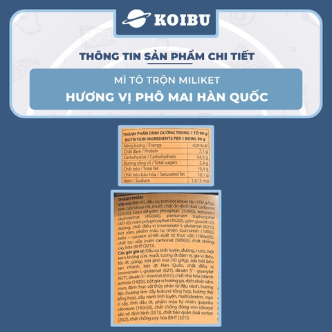 COLUSA - Mì tô trộn Miliket hương vị Phô mai Hàn Quốc, Mì trộn Miliket Phô mai Hàn Quốc, Mì Miliket - 105g/tô - 00566