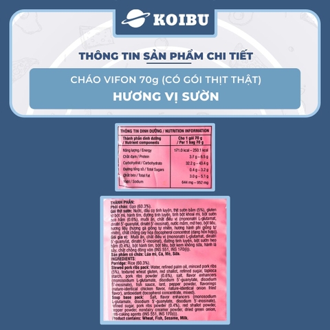 VIFON - Cháo Vifon 70g hương vị Sườn (có gói thịt sườn thật), Cháo sườn Vifon Cháo thịt sườn Vifon - 70g/gói - 00156