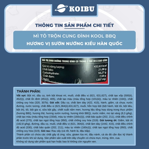 AFOTECH - Mì TÔ trộn Cung Đình Kool hương vị BBQ sườn nướng kiểu Hàn Quốc - Tô Cung Đình Kool BQQ sườn nướng kiểu Hàn Quốc - Cung Đình Kool Tô Mì ăn liền Micoem - 105g/tô - 00322