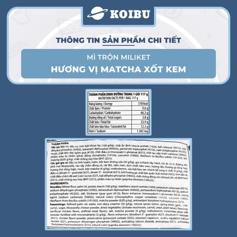 COLUSA - Mì trộn Miliket Matcha xốt kem, Mì gói Miliket trộn Matcha sốt kem, Mì trộn Colusa Trà xanh - 117g/gói - 00080