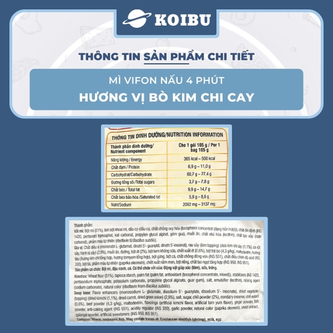 VIFON –  Mì Vifon nấu 4 phút hương vị bò kim chi cay - Mì gói Vifon, Mì nấu vị bò kim chi cay, Mì bò kim chi cay Vifon, Mì nấu 4 phút hương vị bò kim chi cay, Mì Vifon bò kim chi cay nấu 4 phút - 105g/gói - 00219