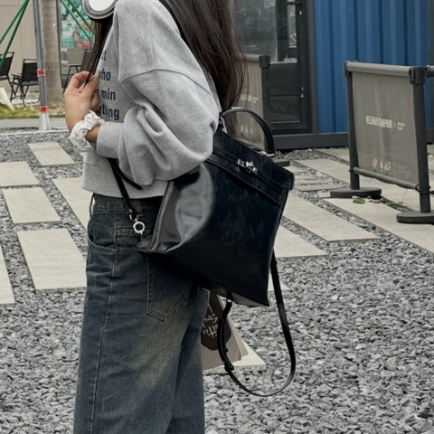 Balo HM Retro Da Bò Trơn 30cm Màu Đen