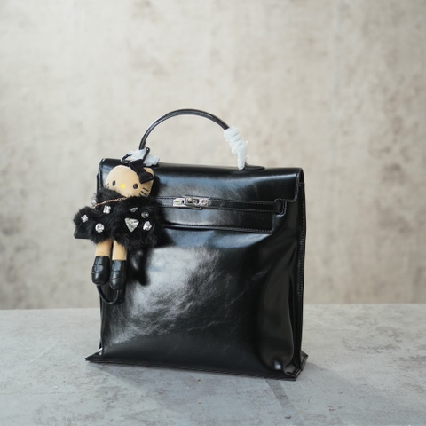 Balo HM Retro Da Bò Trơn 30cm Màu Đen