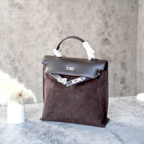 Balo Retro Hàn Quốc Da Lộn Size 26cm Màu Nâu Cafe