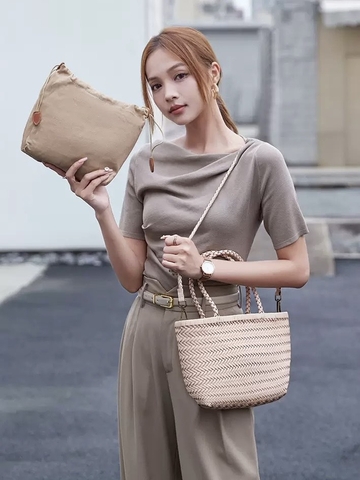 Giỏ Đan Korea Màu Hồng Da Bò Size 26cm