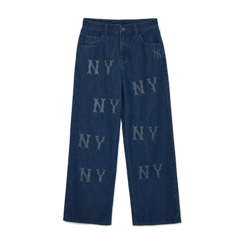 Quần Bò Denim Ống Rộng MLB Logo Thêu Màu Xanh