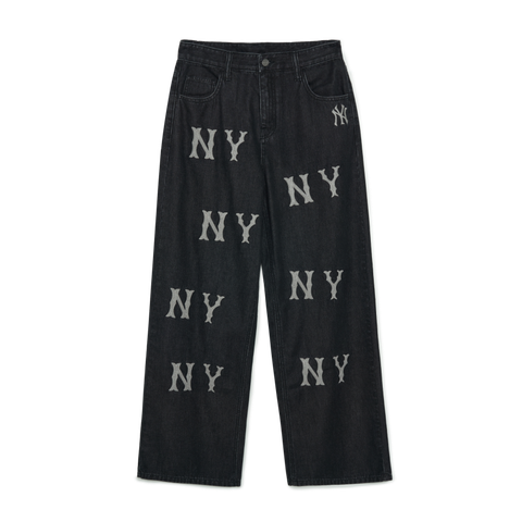 Quần Bò Denim Ống Rộng MLB Logo Thêu Màu Đen