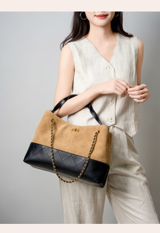 Túi Chanel Shopping Bag Bản Hàn Khoá Vuông Size 35cm Màu Nâu Vàng