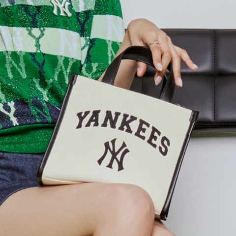 Túi Tote MLB Logo NY Màu Trắng Viền Đen