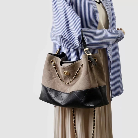 Túi Xách Chanel Shopping Bag Bản Hàn Size 35cm Màu Ghi - Đen