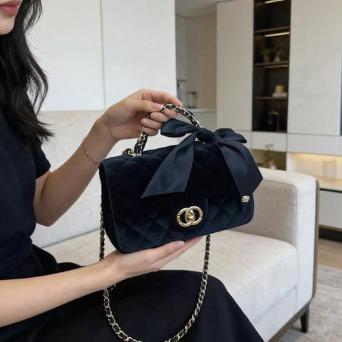 Túi Xách Chanel Thắt Nơ Chất Nhung Size 20cm