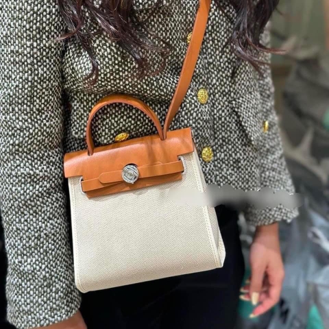 Túi Xách Hermes Herbag Remake Hàn Màu Nâu Canvas