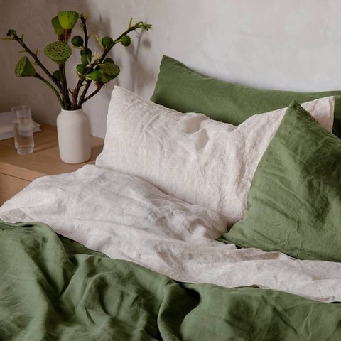 Set ga giường cao cấp linen premium100%  màu xanh rêu cực đẹp