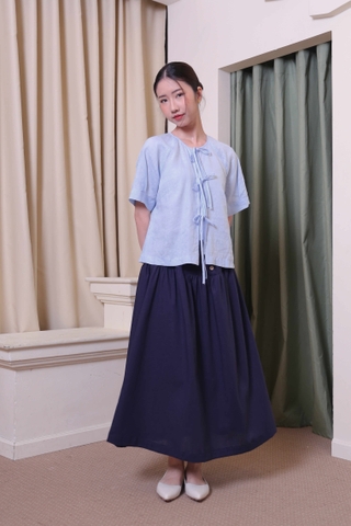 Áo linen xanh pastel thiết kế cột nơ dễ thương, mặc mát mùa hè