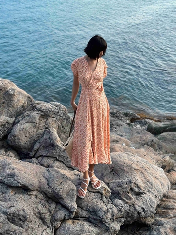 Đầm  tay cánh tiên rũ cột nơ eo  chất vải cotton pha lụa - ANAM