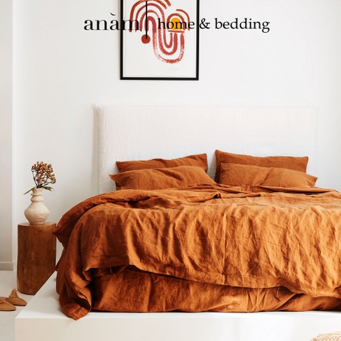 Set ga giường và vỏ gối cao cấp linen premium100%  màu cam cháy 