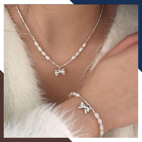 Bộ dây chuyền lắc tay ngọc trai mix bạc vụn có mặt hình cánh bướm cho nữ đẹp mã C310T180