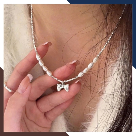 Bộ dây chuyền lắc tay ngọc trai mix bạc vụn có mặt hình cánh bướm cho nữ đẹp mã C310T180