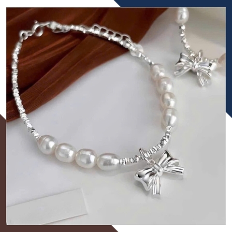 Bộ dây chuyền lắc tay ngọc trai mix bạc vụn có mặt hình cánh bướm cho nữ đẹp mã C310T180