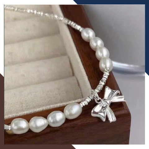 Bộ dây chuyền lắc tay ngọc trai mix bạc vụn có mặt hình cánh bướm cho nữ đẹp mã C310T180