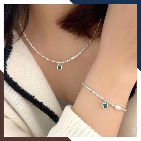 Bộ Ngọc Trai Bạc Vụn Phối Đá Xanh BTSNT158 – Món Quà Tinh Tế Dành Cho Phái Đẹp