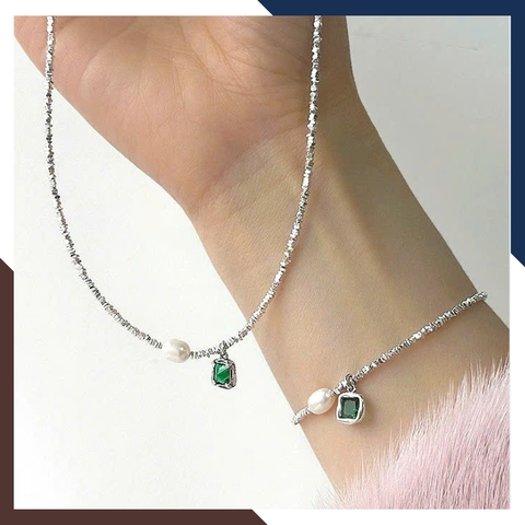 Bộ Ngọc Trai Bạc Vụn Phối Đá Xanh BTSNT158 – Món Quà Tinh Tế Dành Cho Phái Đẹp