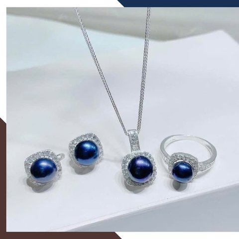 Bộ trang sức bạc đính ngọc trai thật màu trắng hồng tím đen gồm dây chuyền nhẫn và bông tai mã 910AC925