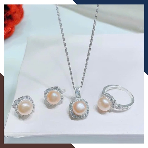 Bộ trang sức bạc đính ngọc trai thật màu trắng hồng tím đen gồm dây chuyền nhẫn và bông tai mã 910AC925