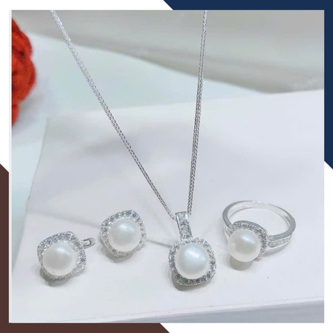 Bộ trang sức bạc đính ngọc trai thật màu trắng hồng tím đen gồm dây chuyền nhẫn và bông tai mã 910AC925