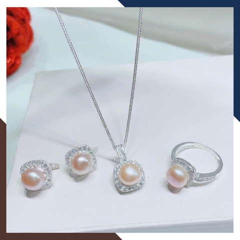 Bộ trang sức bạc đính ngọc trai thật màu trắng hồng tím đen gồm dây chuyền nhẫn và bông tai mã 910AC925