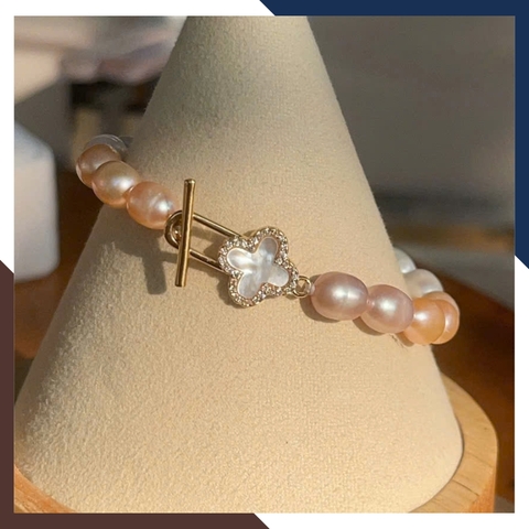 Bộ Trang Sức Ngọc Trai 2 Màu Trắng Hồng Phối Cỏ 4 Lá Mã BTSNT101 | Ngọc Trai Thật