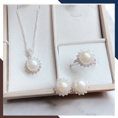 Bộ Trang Sức Ngọc Trai Bạc Hình Hoa Hướng Dương BTSNT168 – Lấp Lánh Như Ánh Mặt Trời