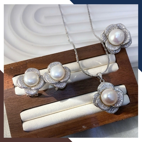 Bộ Trang Sức Ngọc Trai Bạc Xi Bạch Kim BTSNT126 – Kiêu Sa & Đẳng Cấp Quý Cô