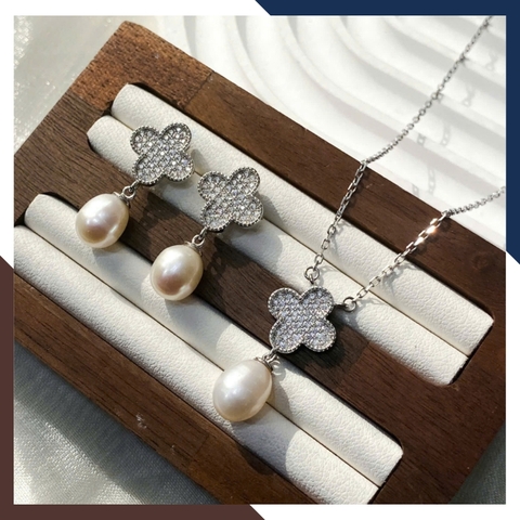 Bộ Trang Sức Ngọc Trai Bạc Xi Bạch Kim BTSNT126 – Kiêu Sa & Đẳng Cấp Quý Cô