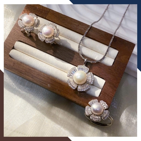 Bộ Trang Sức Ngọc Trai Bạc Xi Bạch Kim BTSNT126 – Kiêu Sa & Đẳng Cấp Quý Cô