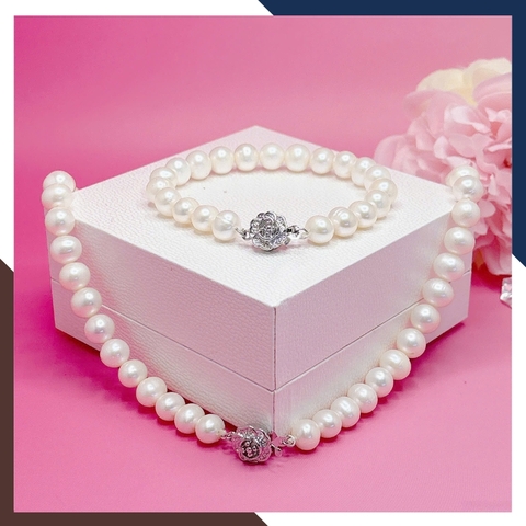 Bộ trang sức ngọc trai cao cấp gồm vòng cổ và vòng tay cho nữ mặc áo dài đẹp mã AC1010