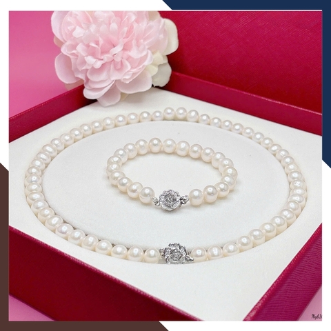 Bộ trang sức ngọc trai cao cấp gồm vòng cổ và vòng tay cho nữ mặc áo dài đẹp mã AC1010