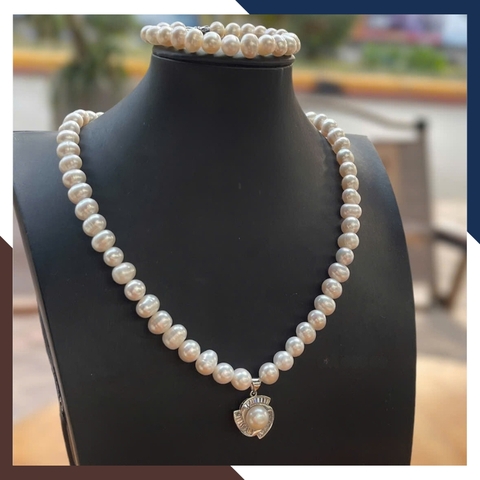 Bộ Trang Sức Ngọc Trai Cho Mẹ Phối Mặt Đính Pha Lê Trắng BTSNT99 | Ngọc Trai Thật