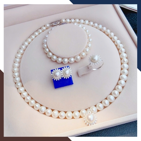 Bộ Trang Sức Ngọc Trai Thật Hình Hoa BTSNT141 – Cho Phụ Nữ Trung Niên Thanh Lịch & Sang Trọng