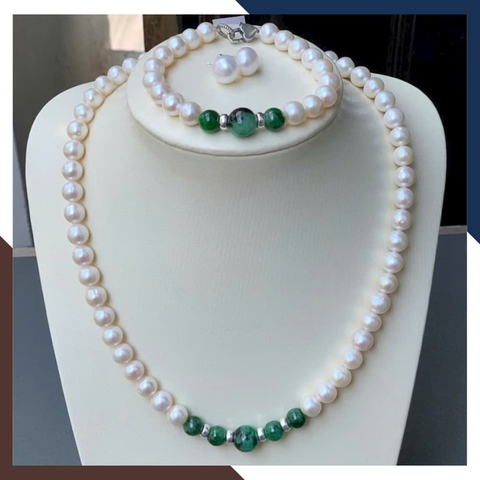 Bộ trang sức ngọc trai thật mix ngọc cẩm thạch tự nhiên BTSNT182 – Quà tặng mẹ Sang trọng