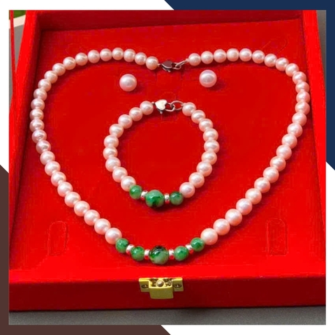 Bộ trang sức ngọc trai thật mix ngọc cẩm thạch tự nhiên BTSNT182 – Quà tặng mẹ Sang trọng